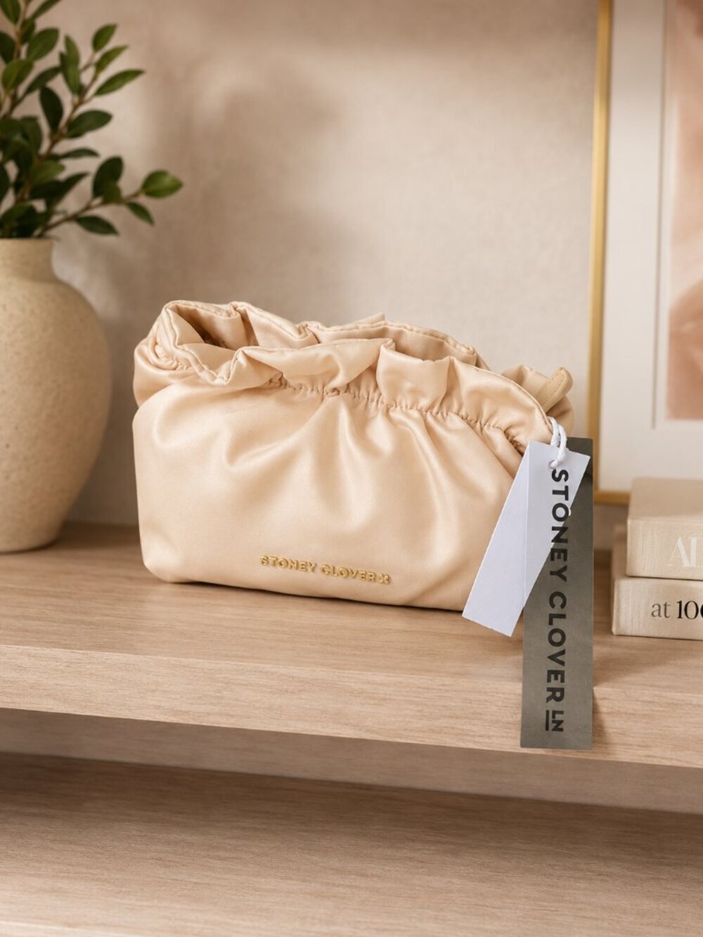 Stoney Clover Lane Bow Pouch NWT Satin Ruffle Bag in Vanilla Cream